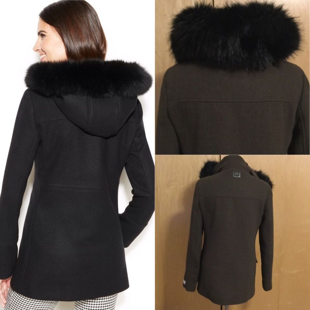 Hooded Wool Blend Jacket with Faux Fur Trim - Picture 2 of 9
